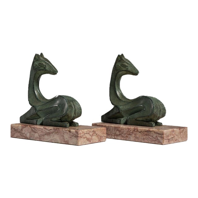 Pair of 1920s French Forest Green Art Deco Signed Figures on Marble Bases For Sale