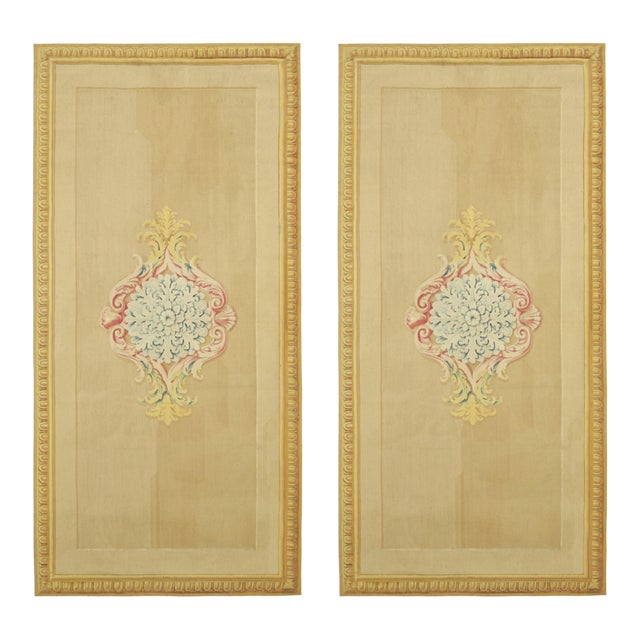 Antique Aubusson Runner Rug in Gold With Floral Medallion | Rug & Kilim For Sale