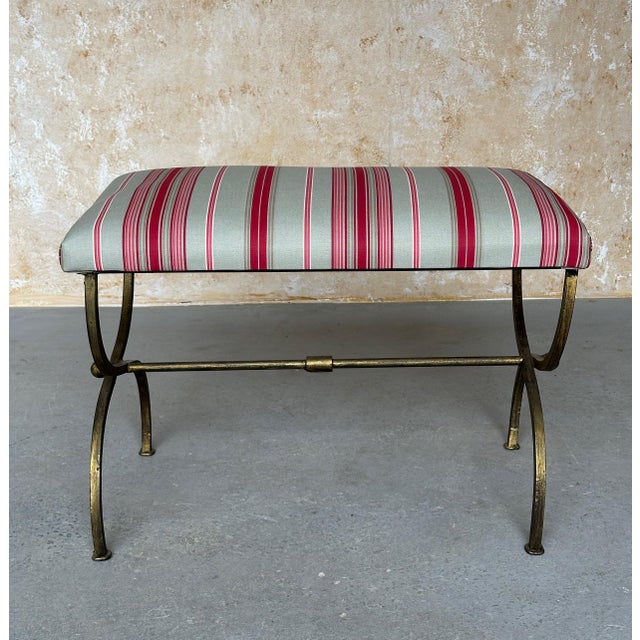 2020s Spanish Iron Bench in Striped Fabric For Sale - Image 5 of 12