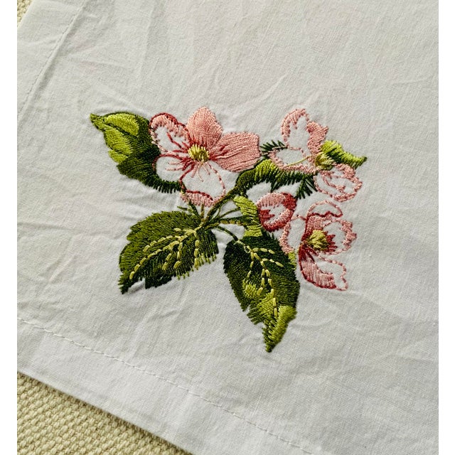 French Cherry Blossom Embroidered Cotton Percale Dinner Napkins | Paris Flea Market Find - Set of Four For Sale - Image 14 of 18