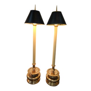 Vintage Tall Chapman Brass Candlestick Lamps With Black Shades - A Pair For Sale