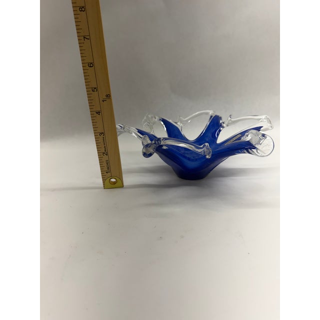 Vintage Murano-Style Hand-Pulled Blue and Clear Art Glass Dish For Sale - Image 6 of 8