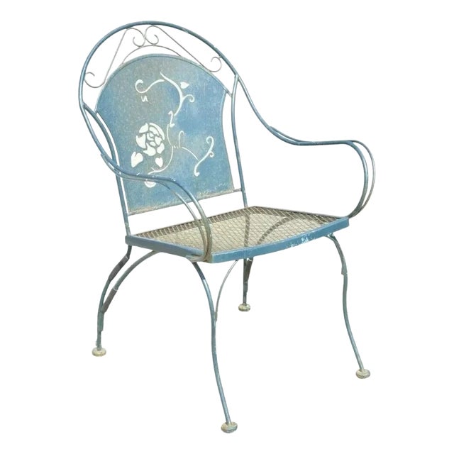 Mid 20th Century Wrought Iron Pierced Rose Garden Patio Dining Chair For Sale