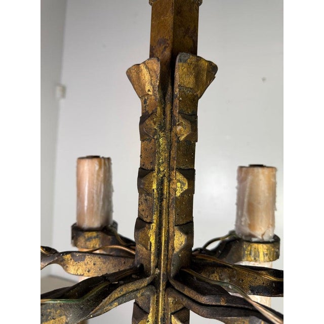 Spanish Hand-Forged Iron Chandelier, Rustic Style, Six Lights, 1930s For Sale In Los Angeles - Image 6 of 9