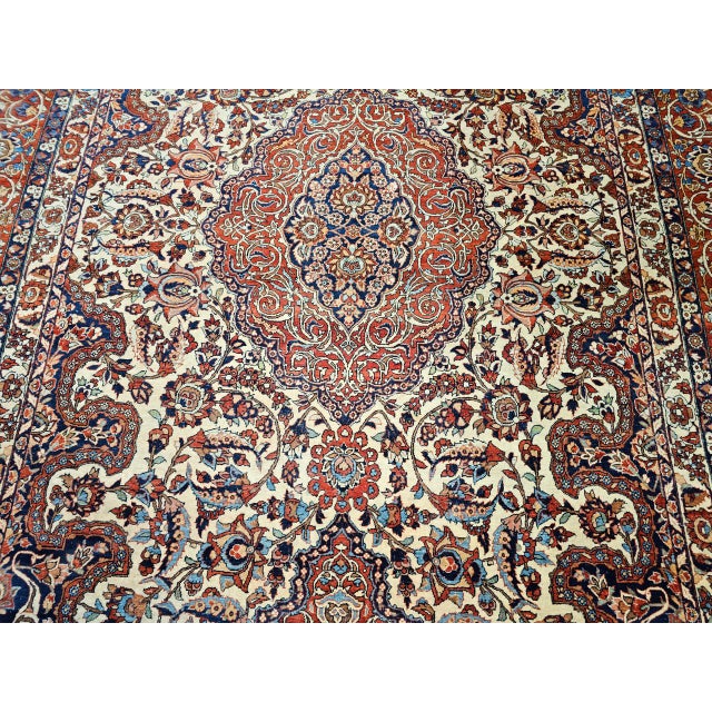 Ivory Vintage Persian Isfahan Rug, Hand-Knotted Wool, Floral Pattern, Ivory & Red, 8x12 For Sale - Image 8 of 18