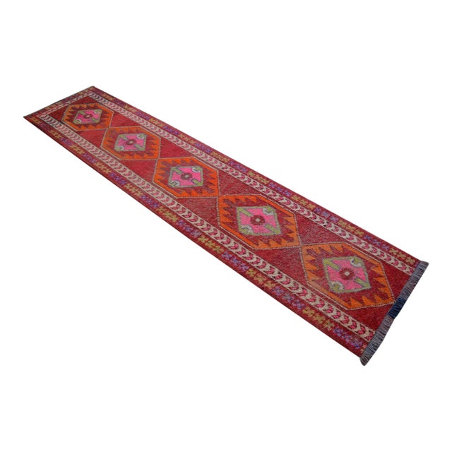 1960s Turkish Runner Rug. Hand-Knotted Tribal Red, Pink Color Hallway Rug, Kitchen Decor - 2′10" × 12′1" For Sale