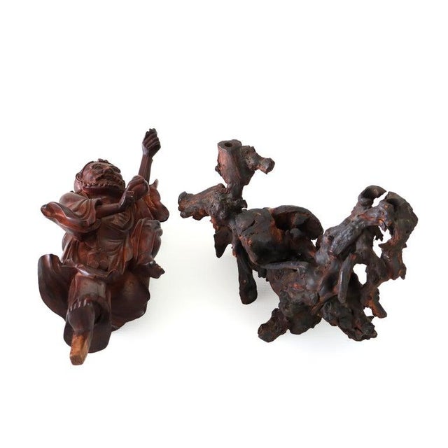 Chinese Chinese Carved Wood Folklore Figure With Wood Base 19thC - Set of 2 For Sale - Image 3 of 8