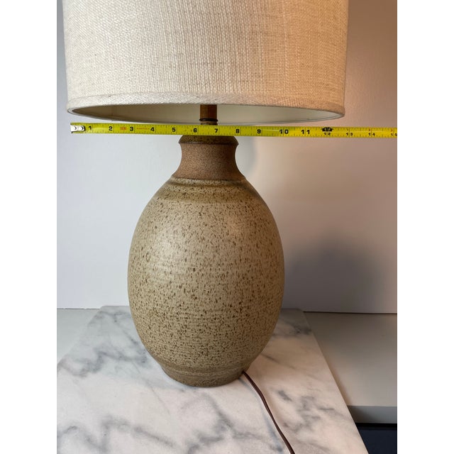 Gray 1977 Signed Handmade Ceramic & Wood Table Lamp — Unglazed + Speckled Glaze, Vintage Studio Craft For Sale - Image 8 of 9