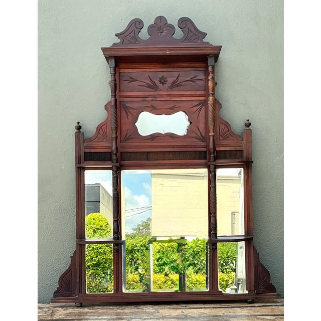Brown Vintage Eastlake Carved Wood Mantle Mirror For Sale - Image 8 of 17