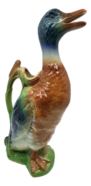 Art Nouveau Polychrome Slip Earthenware Duck Pitcher from Saint Clément