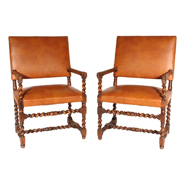 Pair of Baroque Style Barley Twist Armchairs For Sale