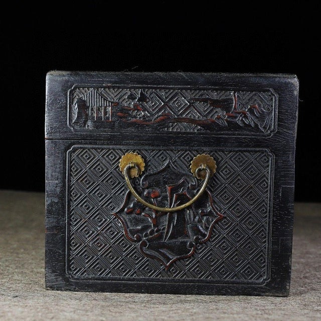 Wood 19Large Hand-Carved Dark Wood Treasure Box With Brass Hardware & Landscape Motif For Sale - Image 7 of 9