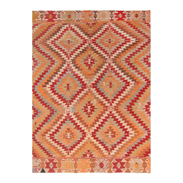 Vintage Mid-Century Diamond Golden Yellow and Red Wool Kilim Rug With Multicolor Accents For Sale