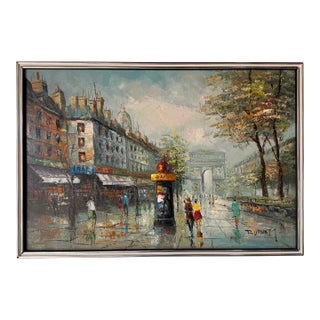 Vintage Burnett Parisian Street Scene Oil on Canvas Painting – Framed For Sale
