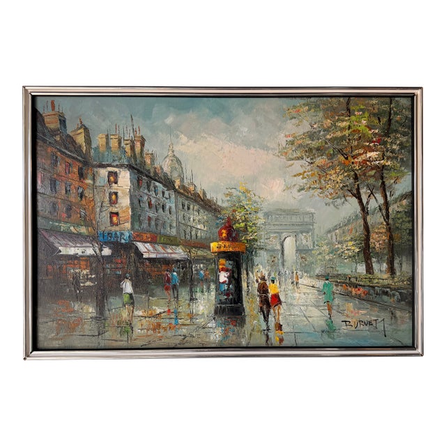 Vintage Burnett Parisian Street Scene Oil on Canvas Painting – Framed For Sale