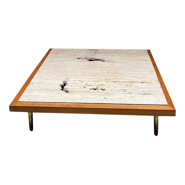 1960s Modern Low Profile Coffee Table Travertine Mahogany & Brass Legs
