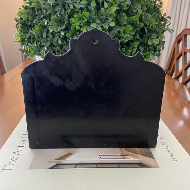 Late 20th Century Black Lacquered Chinoiserie Letter Caddy / Holder With Asian Scenic Life For Sale - Image 6 of 7