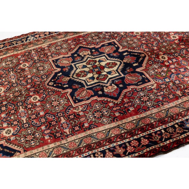 1950s Vintage Hamadan Hand-Knotted Wool Rug With Geometric Medallion – Red & Navy For Sale - Image 5 of 9
