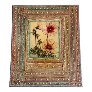 1970s Unique American Artwork Floral Collage With Beads on Canvas For Sale