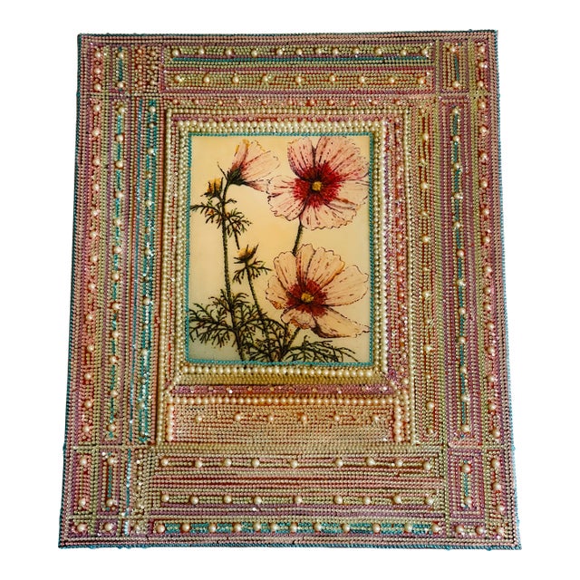 1970s Unique American Artwork Floral Collage With Beads on Canvas For Sale