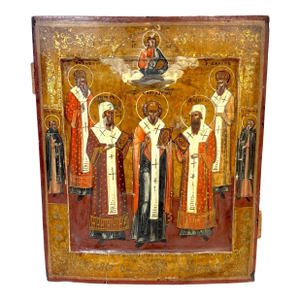 19th Century Russian Icon Synaxis of Hierarch Saints, Christ Pantokrator, 1850s