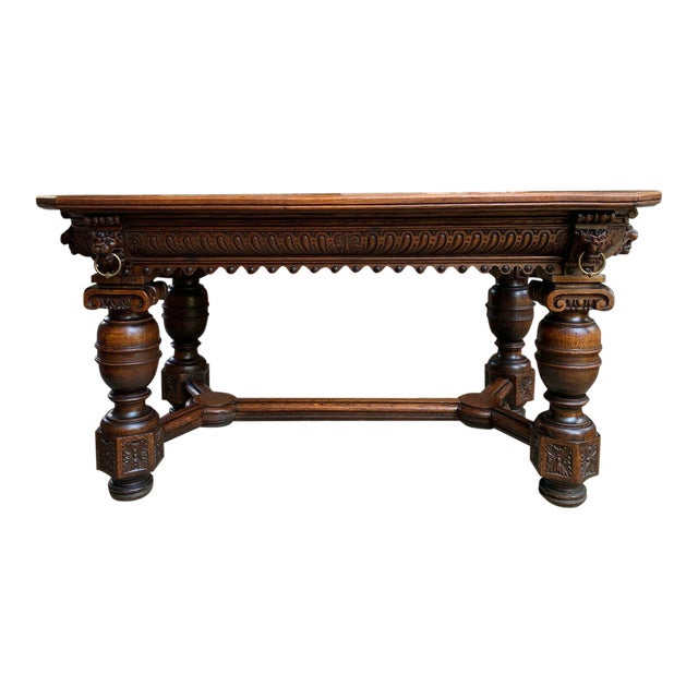 Antique French Carved Oak Library Table Desk