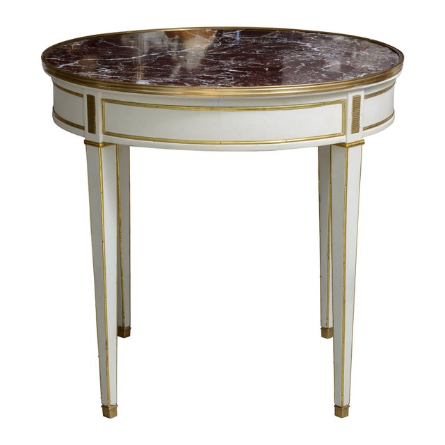 French Neoclassical Style White & Gold Guéridon Accent Table – Light Brown Marble For Sale - Image 3 of 14