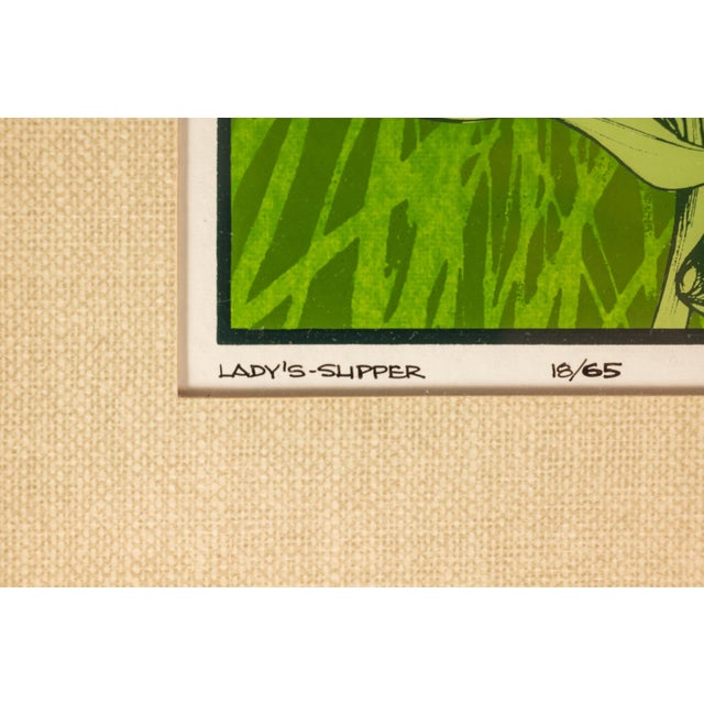Green Mid-Century Modern Boho Chic 18/65 Framed & Signed Lithograph Print of a Lady's Slipper Orchid by John Cook, Usa, C. 1960s For Sale - Image 8 of 16