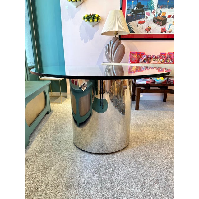 Mid-Century Modern Vintage 1970’s Paul Mayan Style Circular Glass and Chrome Base Dining Table For Sale - Image 3 of 10