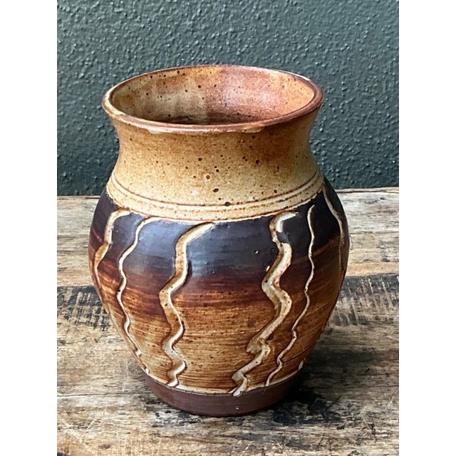 Brown Vintage Handcrafted Ceramic Vase With Wave Motif For Sale - Image 8 of 15