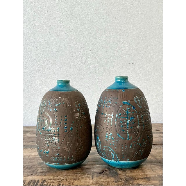 Vintage Glazed Ceramic Scored Vases - A Pair For Sale - Image 9 of 12