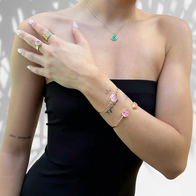 Cleopatra Pink Agate Gemstone Gold Cuff Bracelet For Sale - Image 4 of 6