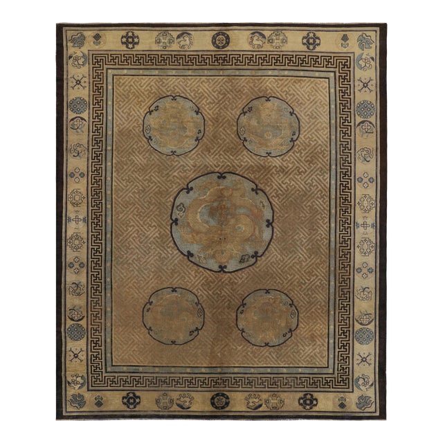 Late 18th Century Antique Chinese Dragon Rug in Gold With Pictorial Medallions For Sale