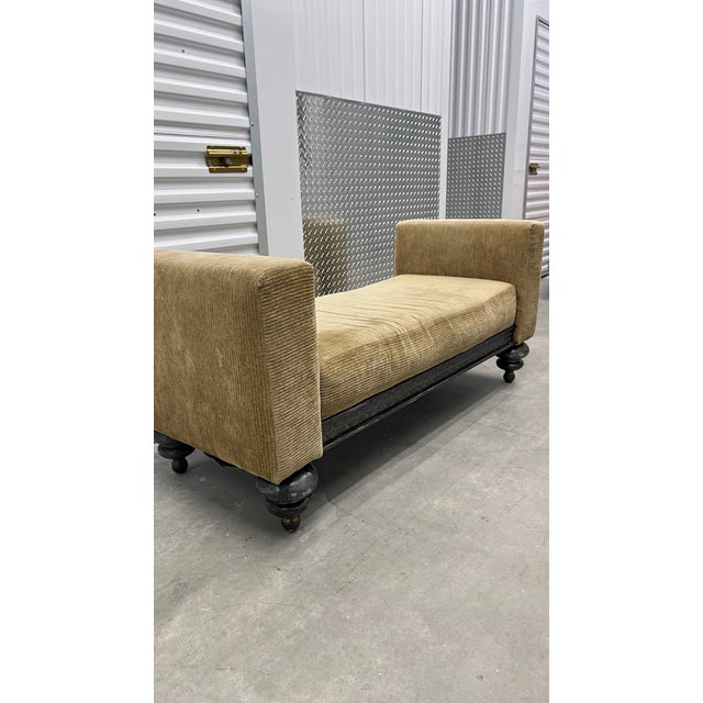 Beautiful and sturdy vintage bench with a solid metal frame and warm beige corduroy upholstery. This piece is...