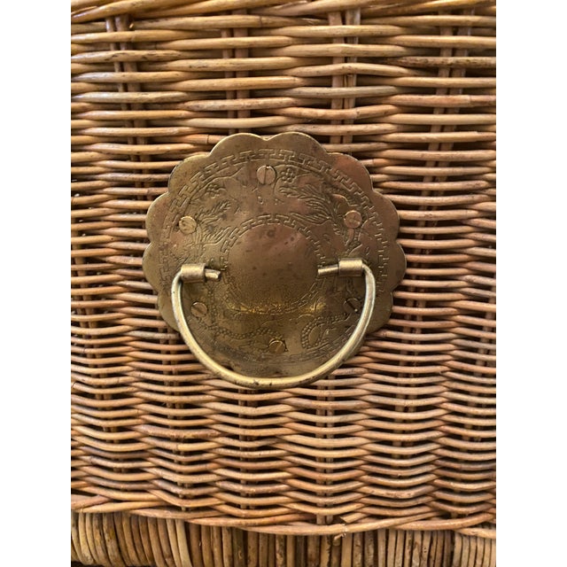 1970s Vintage Handwoven Wicker Trunk/Chest With Brass Hardware ~ Opens From Top & Front For Sale - Image 10 of 11