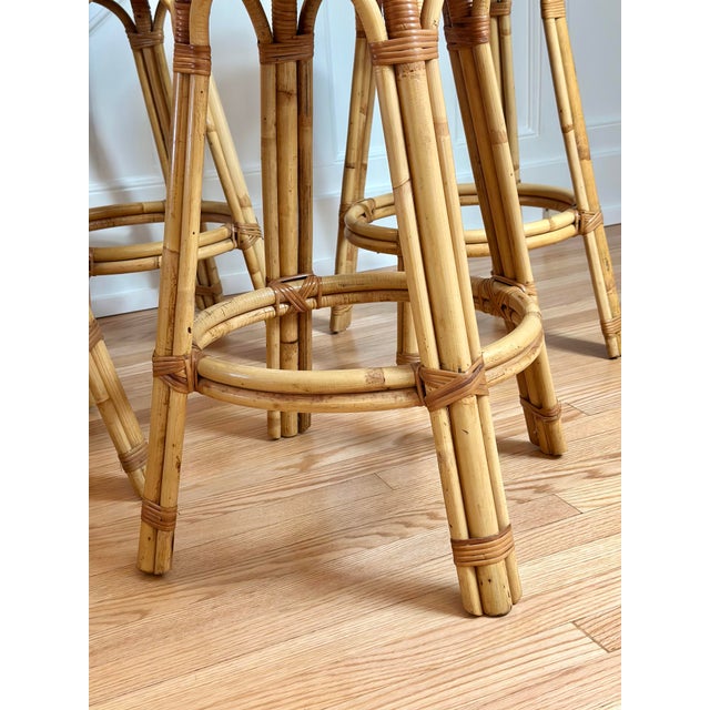 1970s Calif-Asia Natural Honey Rattan Round Barstools - Set of 4 For Sale - Image 9 of 10