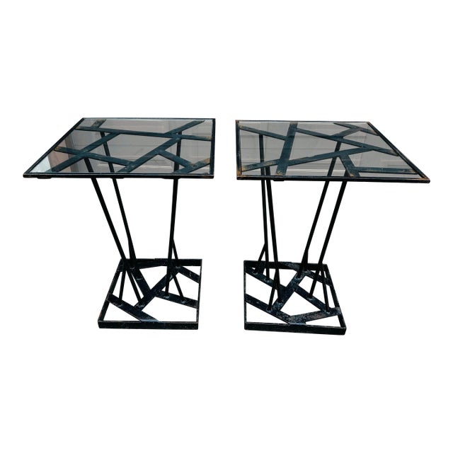 Vintage Brutalist Style Hand Wrought Iron Outdoor Glass Top Tables ~ Pair For Sale