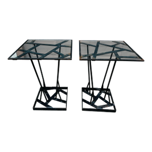Vintage Brutalist Style Hand Wrought Iron Outdoor Glass Top Tables ~ Pair