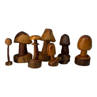 Set of 7 Hand Carved Folk Art Mushrooms For Sale