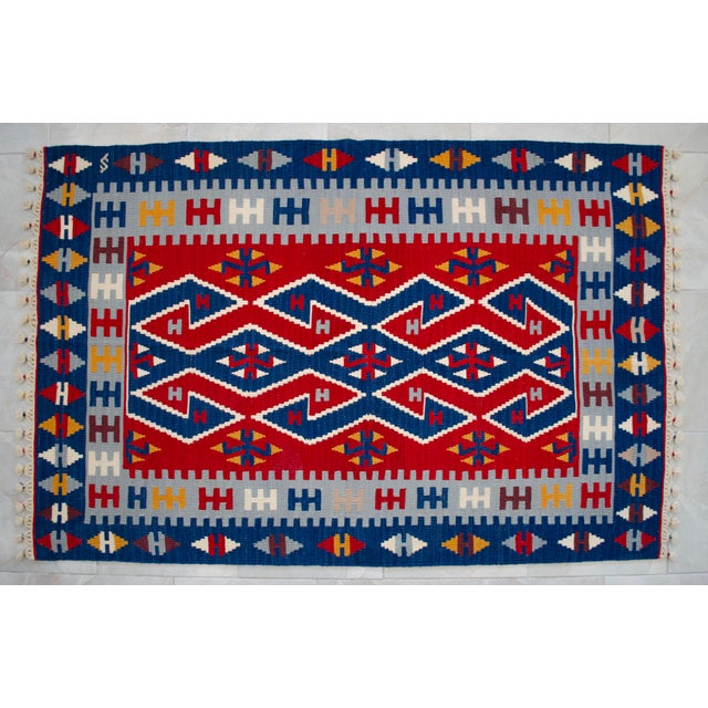 Hand Woven Turkish Rug Colorful Oushak Kilim High Quality Flat Weave Wool Rug - 3′10″ × 5′10″ For Sale - Image 6 of 14