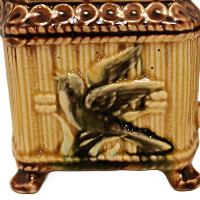 English Victorian Majolica Faux Bamboo Creamer Pitcher Songbird Motif Circa 1890 For Sale - Image 3 of 8