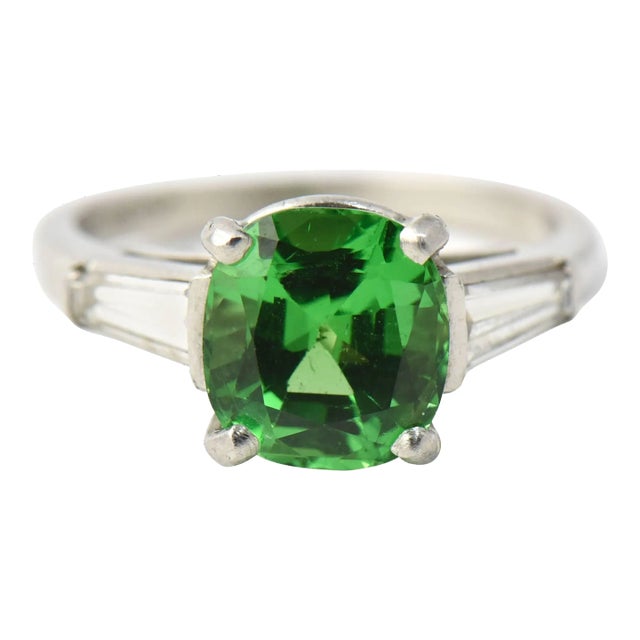 Cushion Shaped 2.78 Carat Tsavorite Garnet Diamond Platinum Ring size 4.5 For Sale