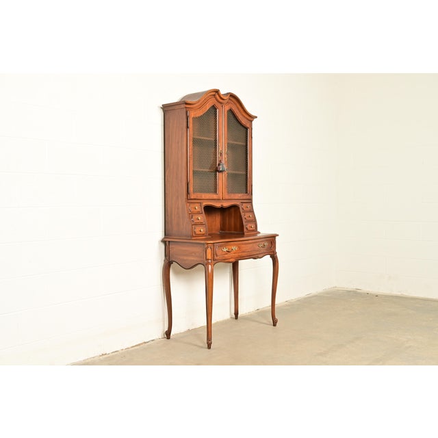 1980s Thomasville French Provincial Carved Walnut Secretary Desk With Bookcase Hutch For Sale - Image 5 of 16