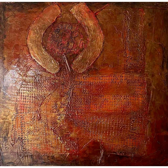 Artist: Andrada Anghel Country: Roumania – Canada Title: Golden Icon Medium: Mixed Media, fibers, oil, and acrylics. Gloss...