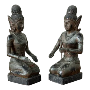 Early 20th Century Antique Wooden Thai Goddess Sculptures - Set of 2
