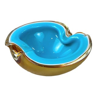 Mid-Century Cased Italian Murano Attrib. Turquoise & Gold Bowl For Sale