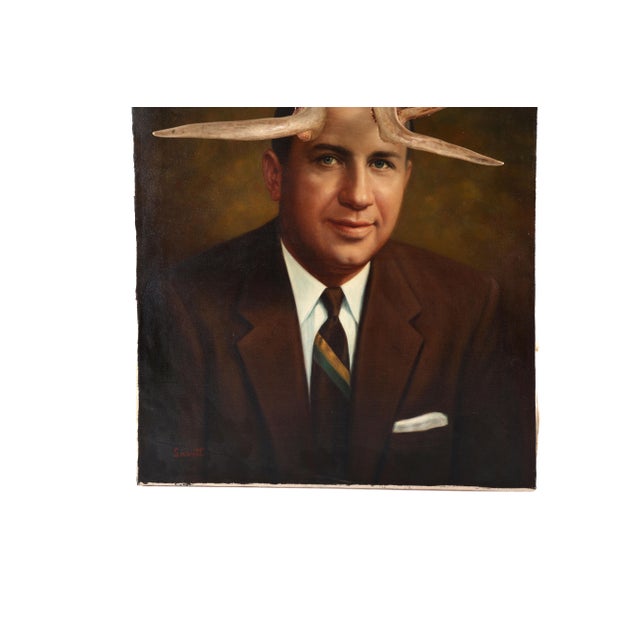 1960's Original Painting of a Businessman Altered With Antlers For Sale - Image 4 of 13