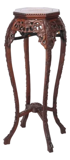 Antique Chinese Floral Carved Hardwood Stand With Rouge Marble Top C1920