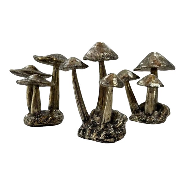 Cast Bronze Mushroom Sculpture Set, Organic Cluster Forms With Textural Patina For Sale