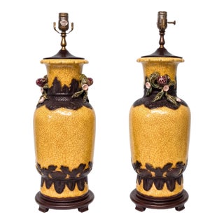 Chinese Export Style Jar / Vase Form Crackle Glaze Table Lamps W/ Fruit - Pair For Sale